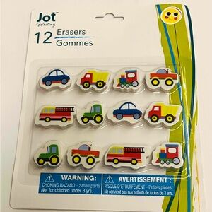Colorful Jot Vehicle Eraser Set 12 Erasers Cars Trucks Fire Engines Train Cars